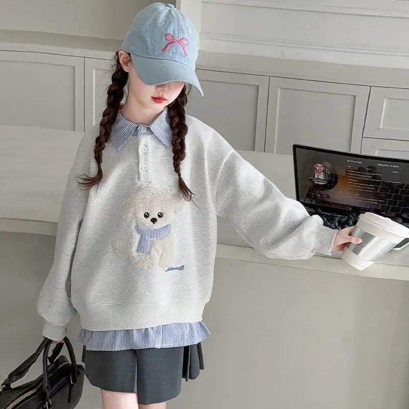 Sweat-shirt à capuche pour filles, Polo deux pièces en Faux, moyen-grand, coupe ample, haut de chiot de dessin animé, nouvelle collection printemps/automne 2025
