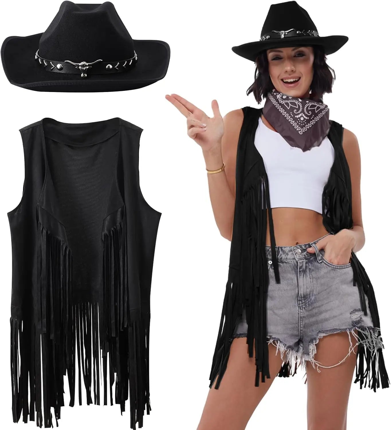 Women's Cowgirl Costume 3 Pcs Faux Suede Fringe Vest with Rivets Cowboy Hat Carnival Party Outfit Clubwear