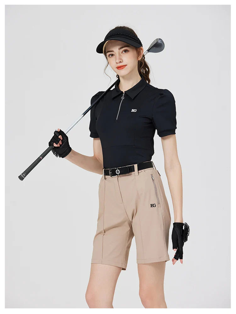 Blktee Slim Zipper Collar Golf Shirts Women Puff Short-sleeved Tops Ladies High Waist Golf Skirts Pleated Skorts with Ball Bag
