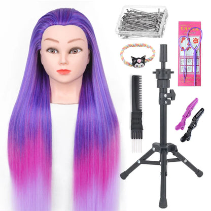 Tête de mannequin à cheveux longs synthétiques avec support de trépied de perruque réglable Modèle avec tête de mannequin Formation de coiffeur coiffant