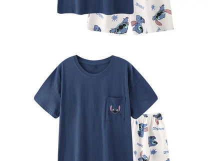 Stitch anime summer pure cotton men and women couple pajamas creative cute short-sleeved shorts home service suit holiday gift