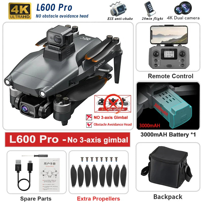Nouveau Drone GPS L600 PRO MAX/PRO 5KM 4K professionnel HD double caméra 3 axes cardan 360 ° Jouet quadrirotor sans balais pour éviter les obstacles