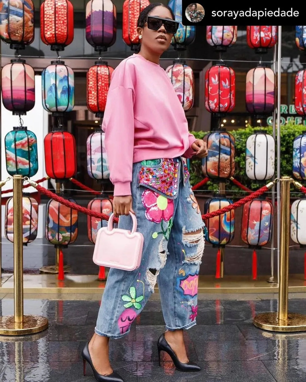 FAGADOER Jean ample à imprimé et couture diamant avec trous pour femme, taille haute, bouton, poche, en denim, pantalon décontracté, streetwear féminin