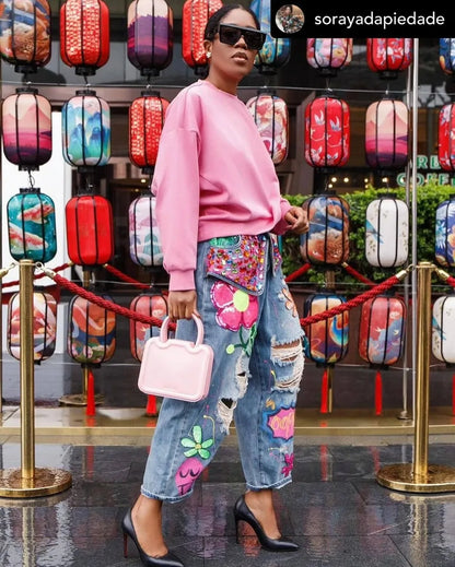 FAGADOER Jean ample à imprimé et couture diamant avec trous pour femme, taille haute, bouton, poche, en denim, pantalon décontracté, streetwear féminin