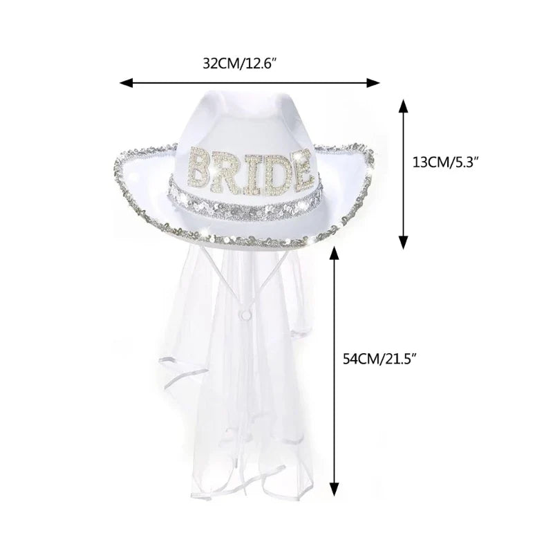 Funny Cowboy Cowgirl Bride Hat with Mesh Veil Rhinestones Bride Letter Wide Brim Hat Bachelorette Wedding Party Props