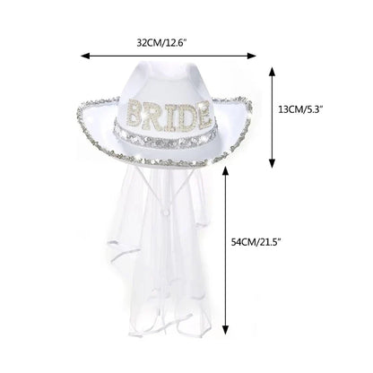 Funny Cowboy Cowgirl Bride Hat with Mesh Veil Rhinestones Bride Letter Wide Brim Hat Bachelorette Wedding Party Props