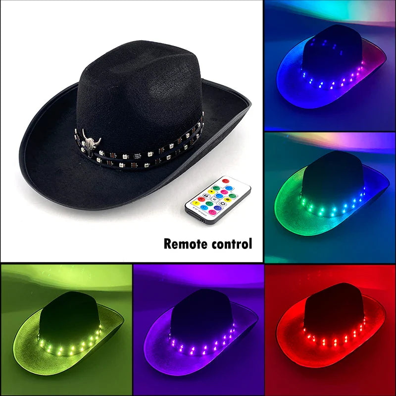 Chapeau de cowboy LED télécommandé pour femmes et hommes, chapeaux de cow-girl occidentaux, robe de l'ouest, vêtements de sauna scintillants pour Halloween, casquette unisexe, mode