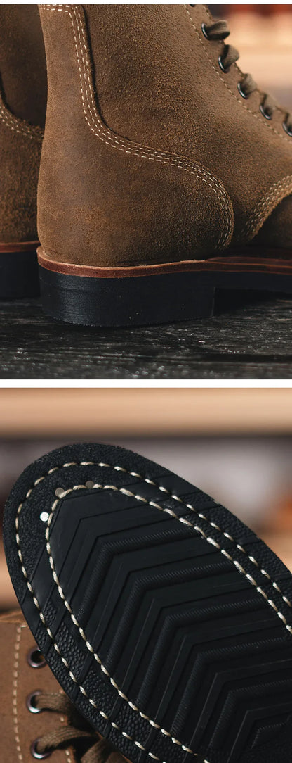 Bottes de Moto rétro en cuir de vache, montantes, durables, soudées Goodyear, chaussures de marche résistantes à l'usure pour hommes