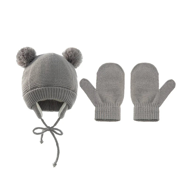 Ensemble de gants et bonnets en tricot pour bébé, protection des oreilles pour bébé, bonnet pour tout-petit, document solide, mignon, guerre en plein air, filles et garçons, automne et hiver, 2 pièces