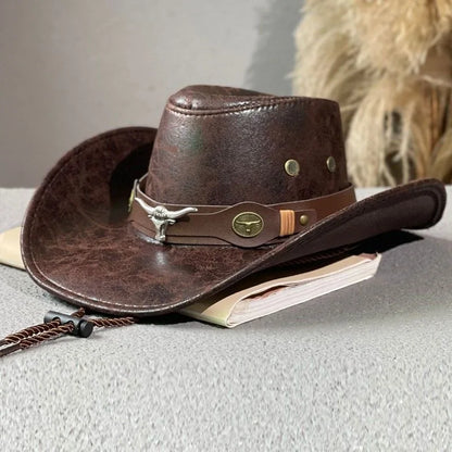 Chapeau de Cowboy occidental Vintage, ceinture de tête de bœuf, chapeaux Fedora à rivets pour hommes et femmes, voyage en plein air, à large bord, en cuir PU, casquettes de Cowgirl unisexes