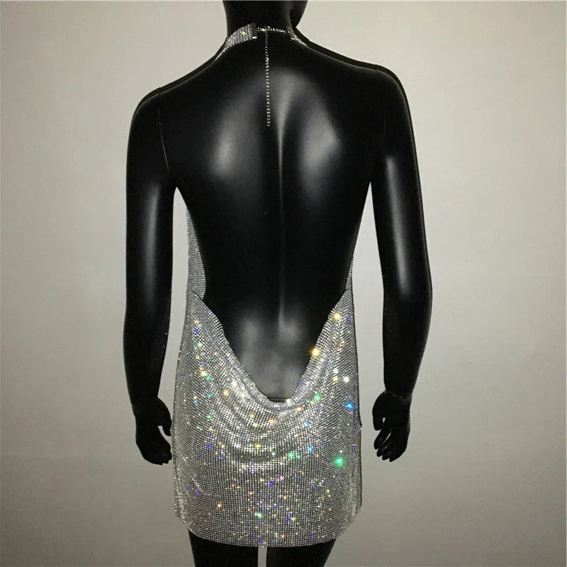 Robe de soirée sexy pour femme Bling Diamante, en cristal et strass, dos nu, pour festival, cocktail, soirée, rave.