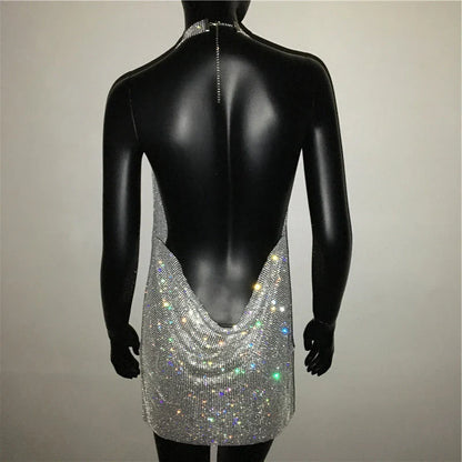 Robe de soirée sexy pour femme Bling Diamante, en cristal et strass, dos nu, pour festival, cocktail, soirée, rave.
