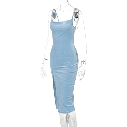 Hugcitar Robe Longue Maxi Fendue Sexy en Velours avec Col Drapé Sans Manches, Nouvelle Mode 2025, Robe de Soirée Élégante pour Femme, Streetwear Y2K