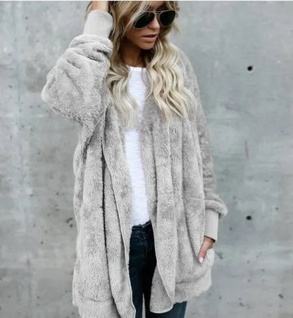 Winter Double Fleece Cardigan Jacket Autumn Women Solid Color Long Sleeve Plush Warm Hooded Lady Jacket Oversized Outerwear Coat