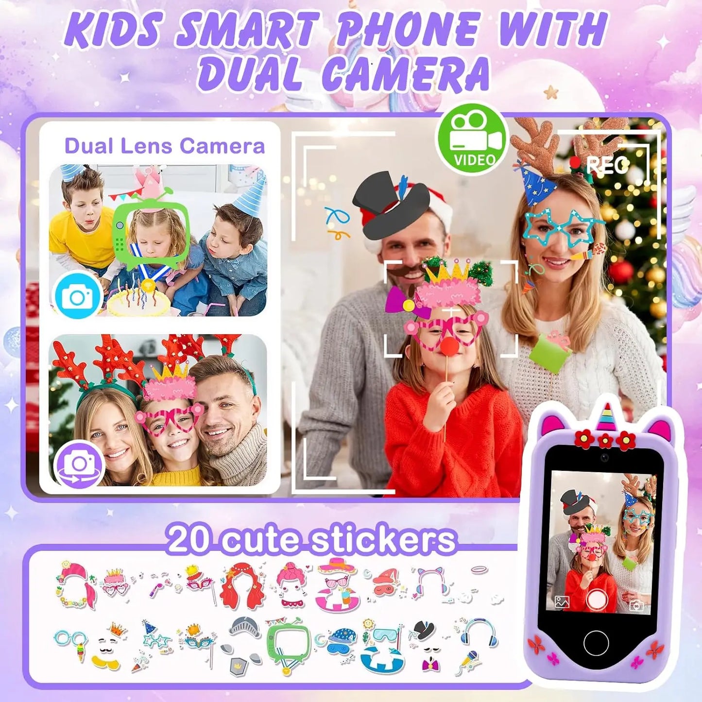 Téléphone intelligent pour enfants Filles Garçons Jouets Téléphone portable Double appareil photo Lecteur de musique 17 jeux Téléphone d'apprentissage pour tout-petits Cadeaux d'anniversaire