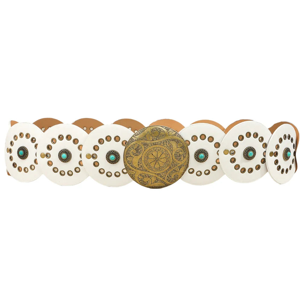 Exaggerated Wide Boho Disc Belt Rivet Turquoise Carved Buckle Waist Belt Adjustable Alloy Western Leather Waistband Cowgirl