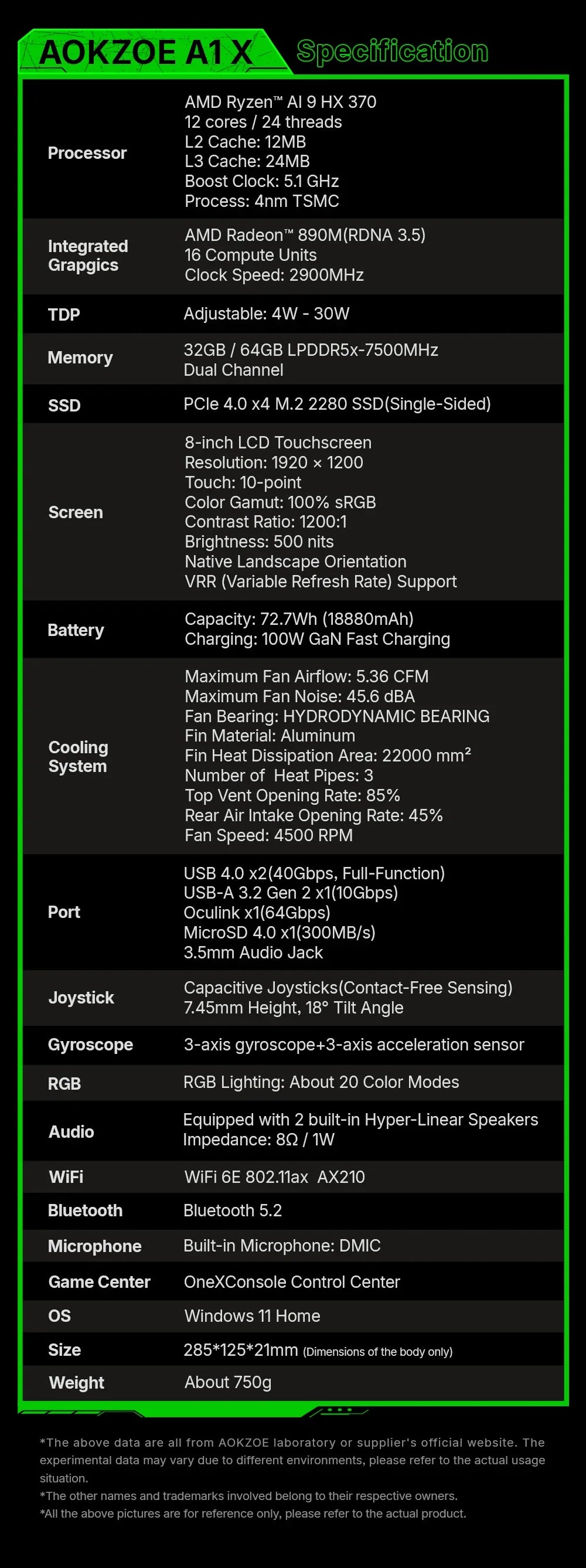 AOKZOE A1X AMD AI 9 HX 370 PC Game Console 8 Inch Native Landscape Screen Windows Handheld Laptops VRR 72.7Wh For Steam 3A Game