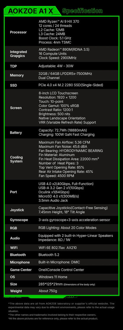 AOKZOE A1X AMD AI 9 HX 370 PC Game Console 8 Inch Native Landscape Screen Windows Handheld Laptops VRR 72.7Wh For Steam 3A Game
