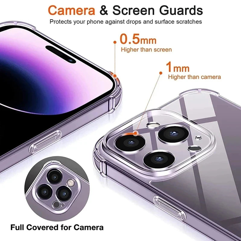 Shockproof Silicone Clear Phone Case for iPhone 13 11 14 Pro Max 12 Mini Lens Protection Back Case for IPhone 15 16 PRO XS MAX X