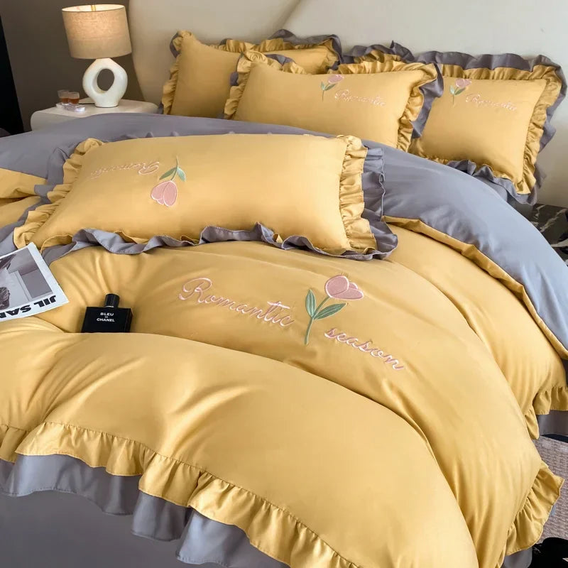 Elegance French Style Bedding Set Duvet Cover Set High Quality  2024 New Lace Princess Embroidery Double Layer Edge King Queen