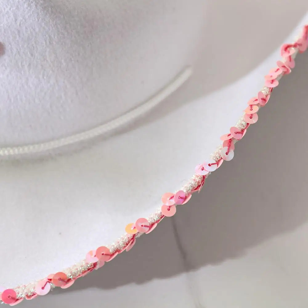 Chapeau de Cowgirl blanc étoile rose, garniture à paillettes, frange, chapeau de Cowboy réglable, cordon de serrage au cou, Costume de jeu de fête