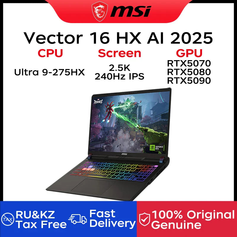 2025 MSI Vector 16 HX AI Gaming Laptop 16 Inch 2.5K 240Hz IPS Screen Notebook Ultra 9-275HX 64GB 4TB RTX5080 Netbook Computer PC