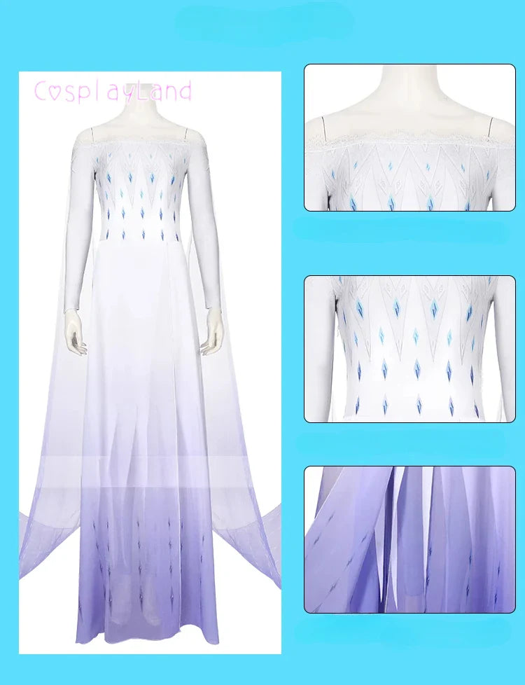 Costume de Cosplay Reine Elsa Robe Carnaval Fantaisie Halloween Femme Impression Princesse Robe Blanche Tenue Sur Mesure