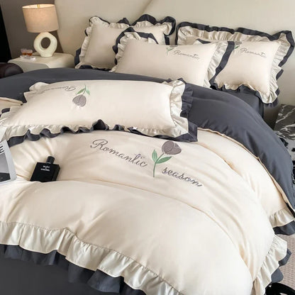Elegance French Style Bedding Set Duvet Cover Set High Quality  2024 New Lace Princess Embroidery Double Layer Edge King Queen