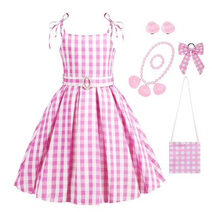 Costume de Cowgirl Robe de Fille Princesse Cosplay Costume Rose à Carreaux Tenue de Plage Anniversaire Halloween Fête Robe pour Enfants
