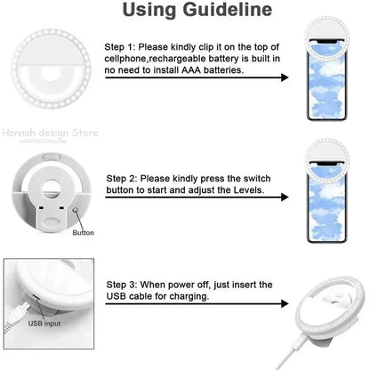 Anneau lumineux Led pour Selfie, Portable, Charge USB, lampe d'objectif de téléphone Portable, diffusion en direct, vidéo, lumière de remplissage pour Selfie, pour tous les smartphones