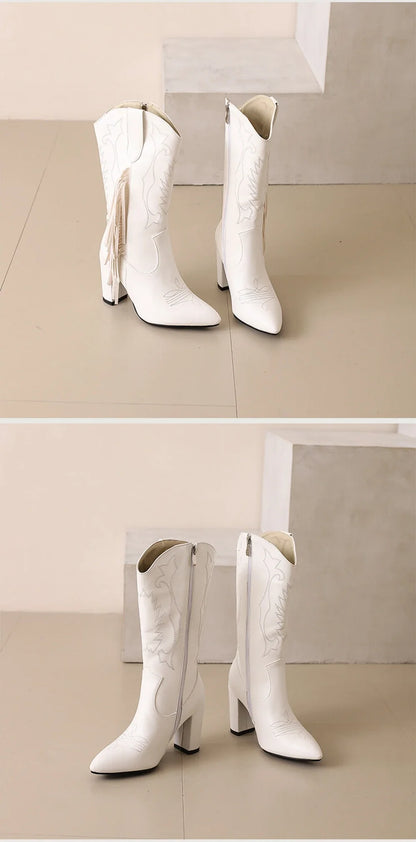 Botas De Mujer bottes De Cowboy occidentales brodées femmes mode pointu gland côté fermeture éclair genou bottes hautes chaussures gothiques 8508