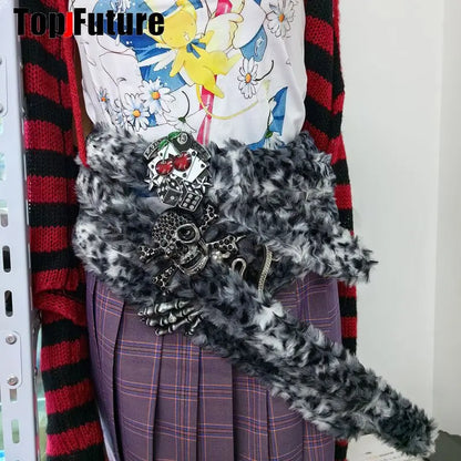 Y2K-Harajuku Western Cowboy Furry Snowleopard Punk Skull Belt, Gift for Women and Men, Girls