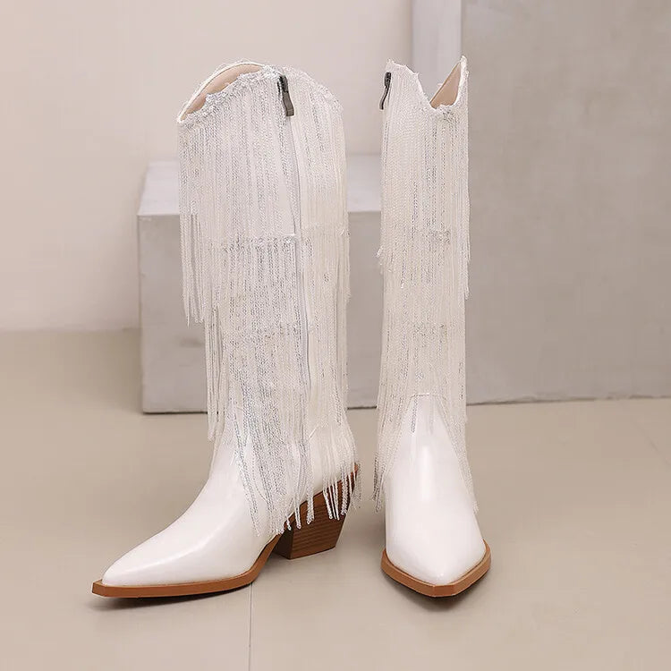 Bottes western à sequins et pompons, noires et argentées, courtes, en peluche, automne/hiver, talon de 6,5 cm, style bohème, hauteur genou, pointures 36 a 46.