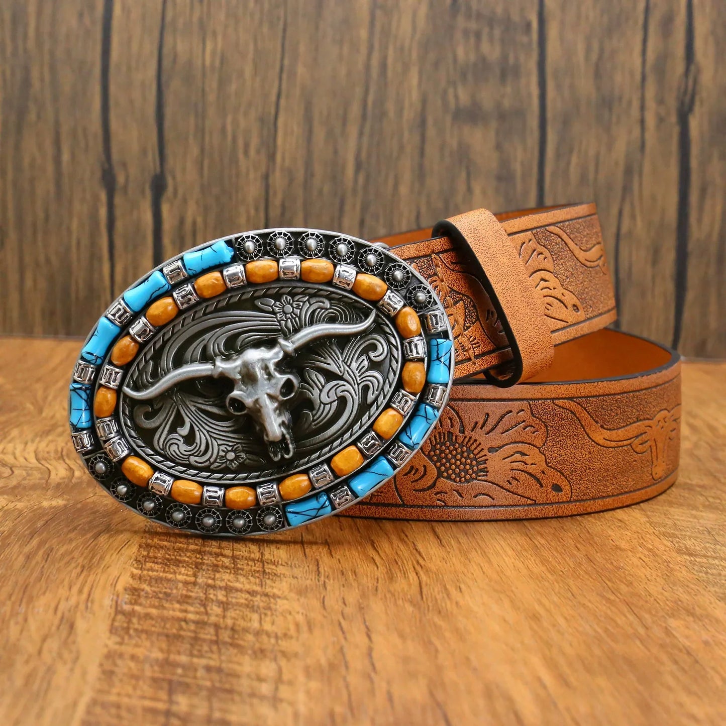 Western cowboy girl belt - Men's and women's turquoise embossed belt with long horn cow buckle suitable for 25-39
