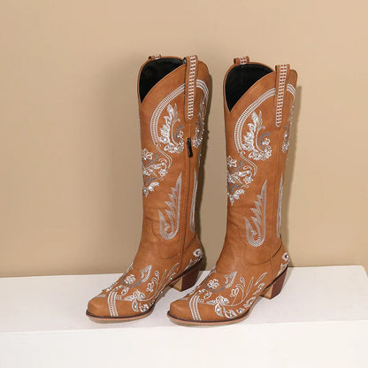 Bottes de cowboy occidentales au genou pour femmes, broderie de fleurs, biscuits, blanc, marron, rond, Parker, talons hauts, rétro, bottes longues de cowgirl