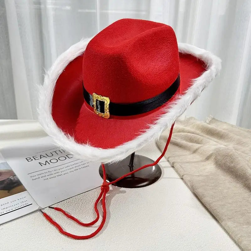 Chapeau de cowboy de Noël lumineux tendance, chapeau de jazz de cowgirl en feutre rouge à large bord pour hommes et femmes