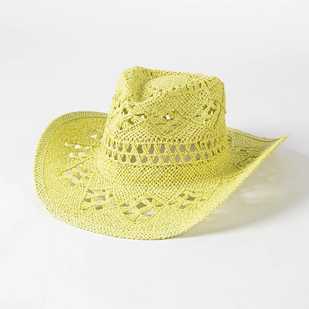 Chapeau de paille de cowboy vert matcha, tissé à la main, creux, pour hommes et femmes, chapeau de soleil d'été, chapeau de paille de cowboy occidental