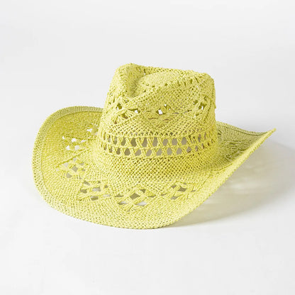 Chapeau de paille de cowboy vert matcha, tissé à la main, creux, pour hommes et femmes, chapeau de soleil d'été, chapeau de paille de cowboy occidental