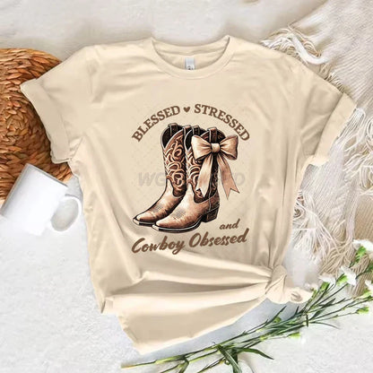 T-shirts Cowgirl Femme Été Manches Courtes T-shirt Drôle Fête des Mères Vêtements Rétro Harajuku Cowgirl Mode Tops Décontractés