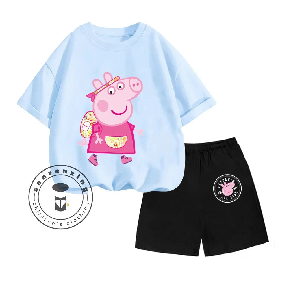 Peppa Pig-themed Animated Cartoon Print Design O-neck Sweet Short Sleeves and Simple Shorts for Boys and Girls Summer Suit