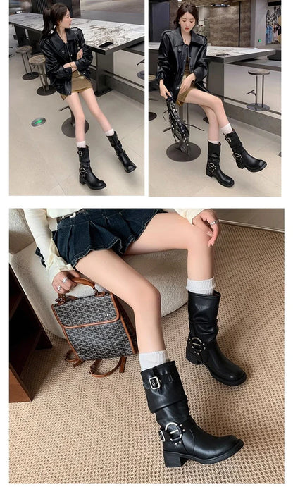 Bottes d'hiver de cowboy pour femmes, bottines décontractées à enfiler, fond épais, style moderne