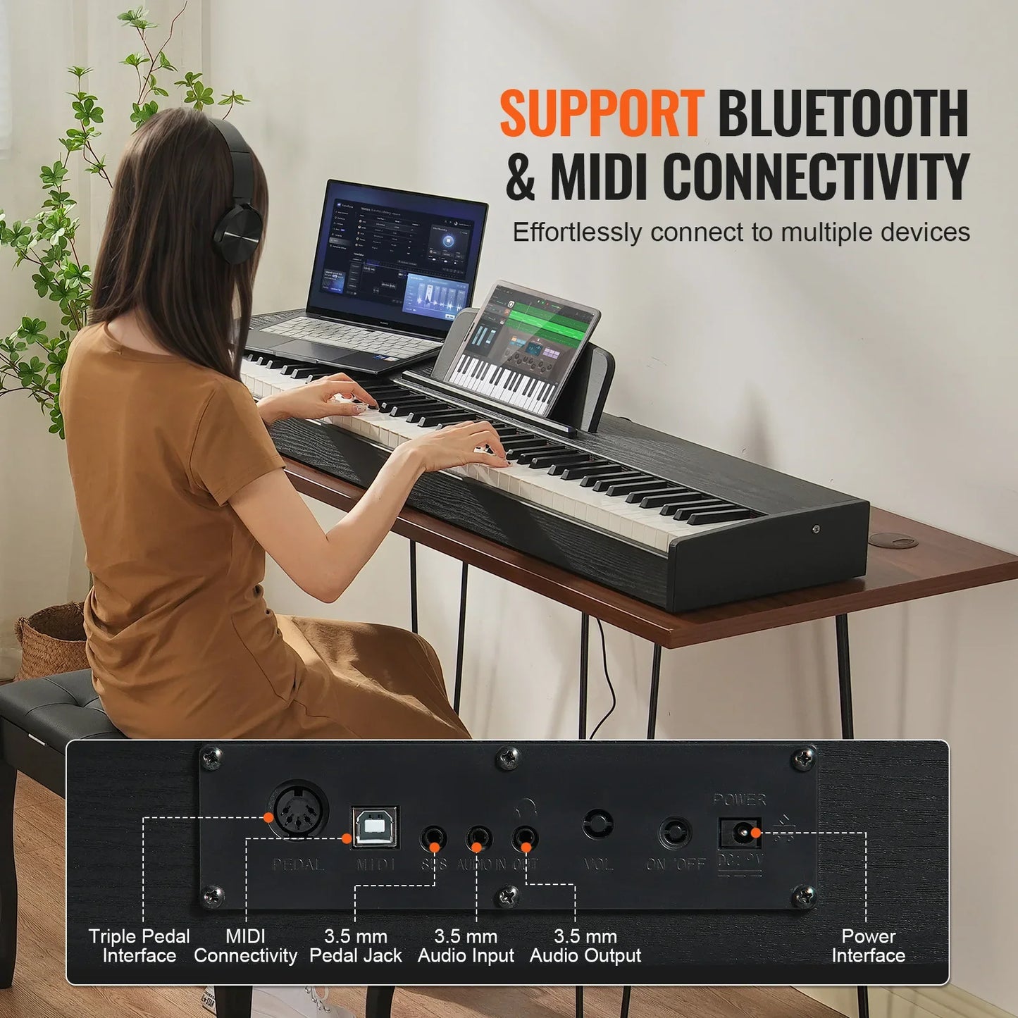 VEVOR Piano numérique, 88 touches entièrement pondérées, ensemble piano à clavier électrique portable avec double clavier, haut-parleurs, pédale de sustain, casque, Bluetooth USB MIDI, pour débutants