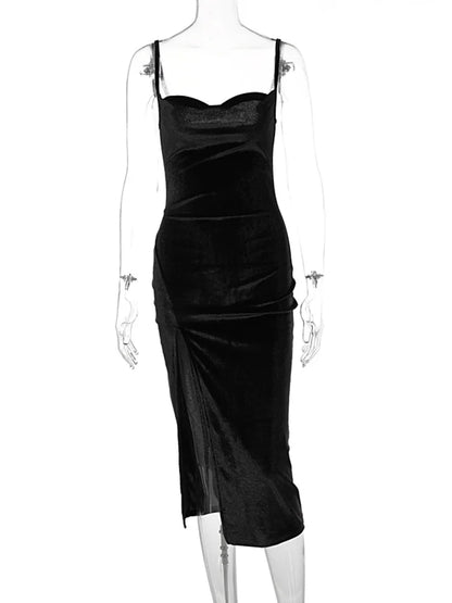 Hugcitar Robe Longue Maxi Fendue Sexy en Velours avec Col Drapé Sans Manches, Nouvelle Mode 2025, Robe de Soirée Élégante pour Femme, Streetwear Y2K