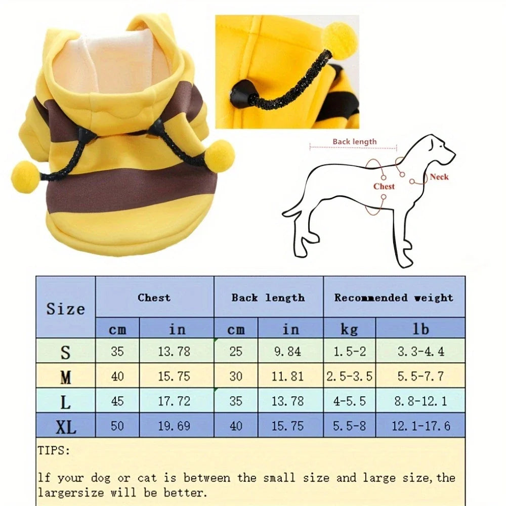 Cute Bee Costume Dog Cat Hoodie - thickened Pet Sweater Warm Outfit for Halloween Cosplay & Daily Wear