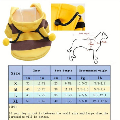 Cute Bee Costume Dog Cat Hoodie - thickened Pet Sweater Warm Outfit for Halloween Cosplay & Daily Wear