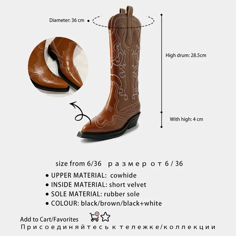Ods Cowboy Western Boots For Women Real Leather Embroidered Pointed Toe Mid-calf Western Boot Retro Fashion Casual High Quality
