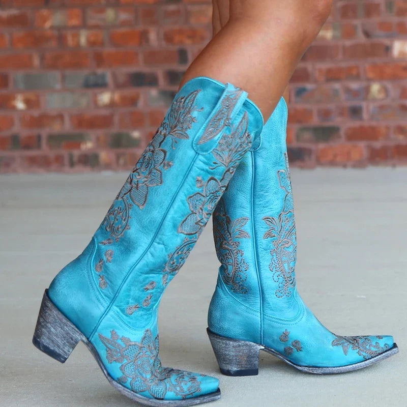 Western Style Women's Pointed Large Embroidered Rose High Heels Vintage Old Women's Boots High Barrel Western Boots