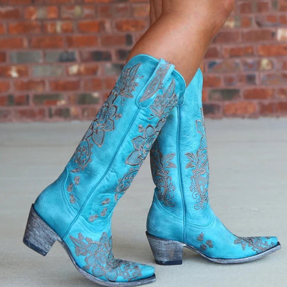 Western Style Women's Pointed Large Embroidered Rose High Heels Vintage Old Women's Boots High Barrel Western Boots