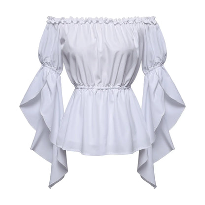 Women's Renaissance Ruffle Blouses, Ruched Sleeve Pleated Blouse, Off Shoulder Boat Neck Medieval Shirt, Victorian Shirt