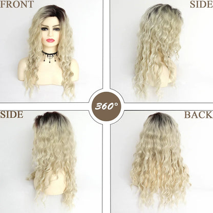 Perruque blonde bouclée cheveux synthétiques longs naturels perruques ondulées pour femmes blanches, raie libre, racines foncées, perruques ombrées, perruque ondulée tendance + autocollants